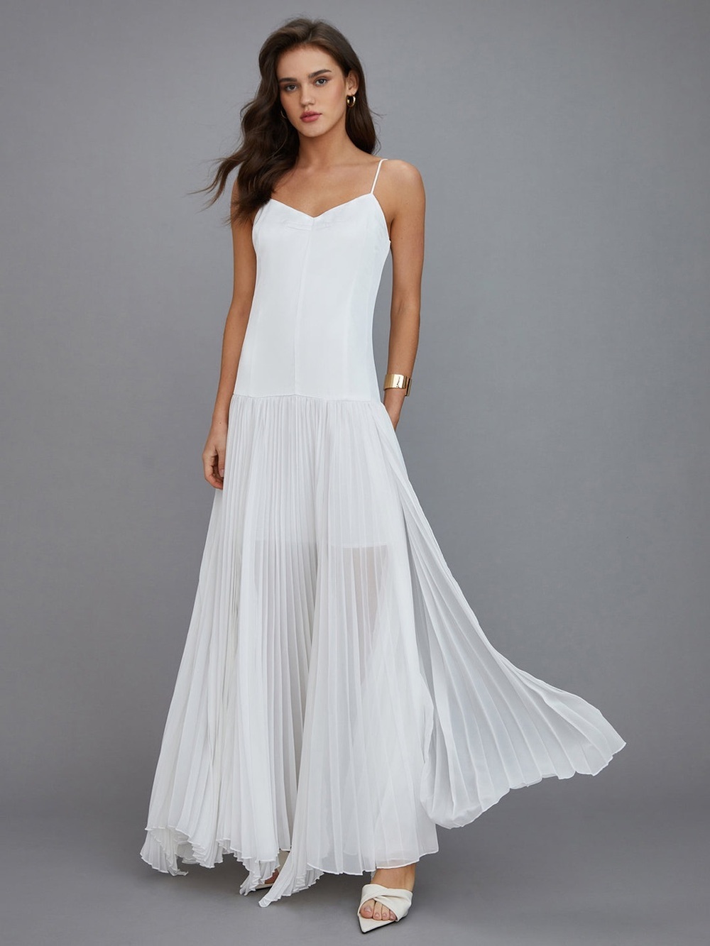 Commense White Pleated Maxi Dress XS Semi Sheer Drop Waist Flowy NWT